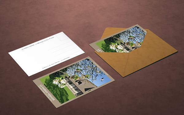 Carte postale du Marais Vernier : la belle longère et sa cigogne