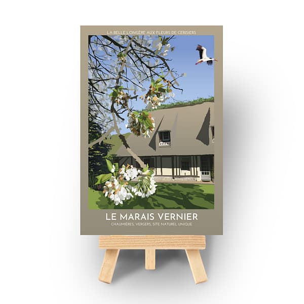 carte postale du Marais Vernier : la belle longère aux fleurs de cerisiers